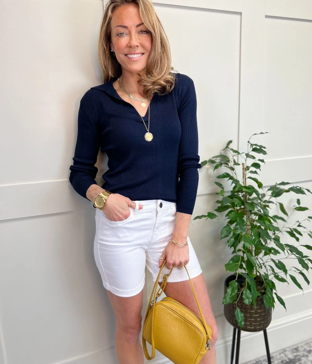 Navy Collared Ribbed Jumper Soft Texture