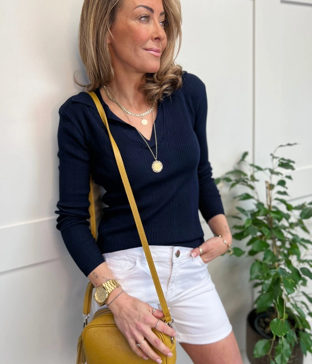 Cozy Vibe Navy Collared Ribbed Jumper