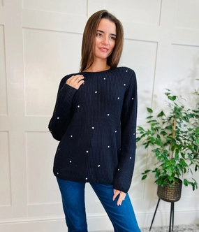 Navy Cotton Rich Spot Jumper Layered Knit Knit Fashion