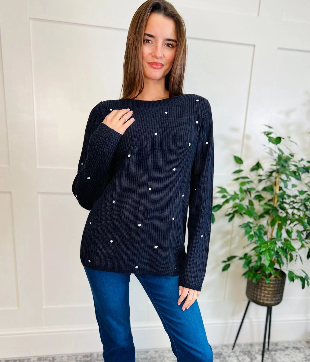 Navy Cotton Rich Spot Jumper Essential Knit Comfy & Cozy