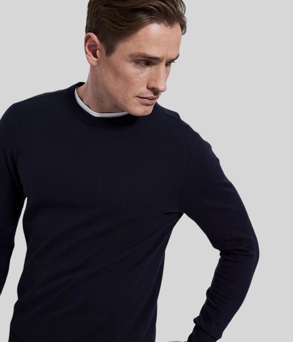 Navy Mens Wool & Cashmere Blend Crew Neck Jumper Fade Resistant Finish Cozy Knit Fit