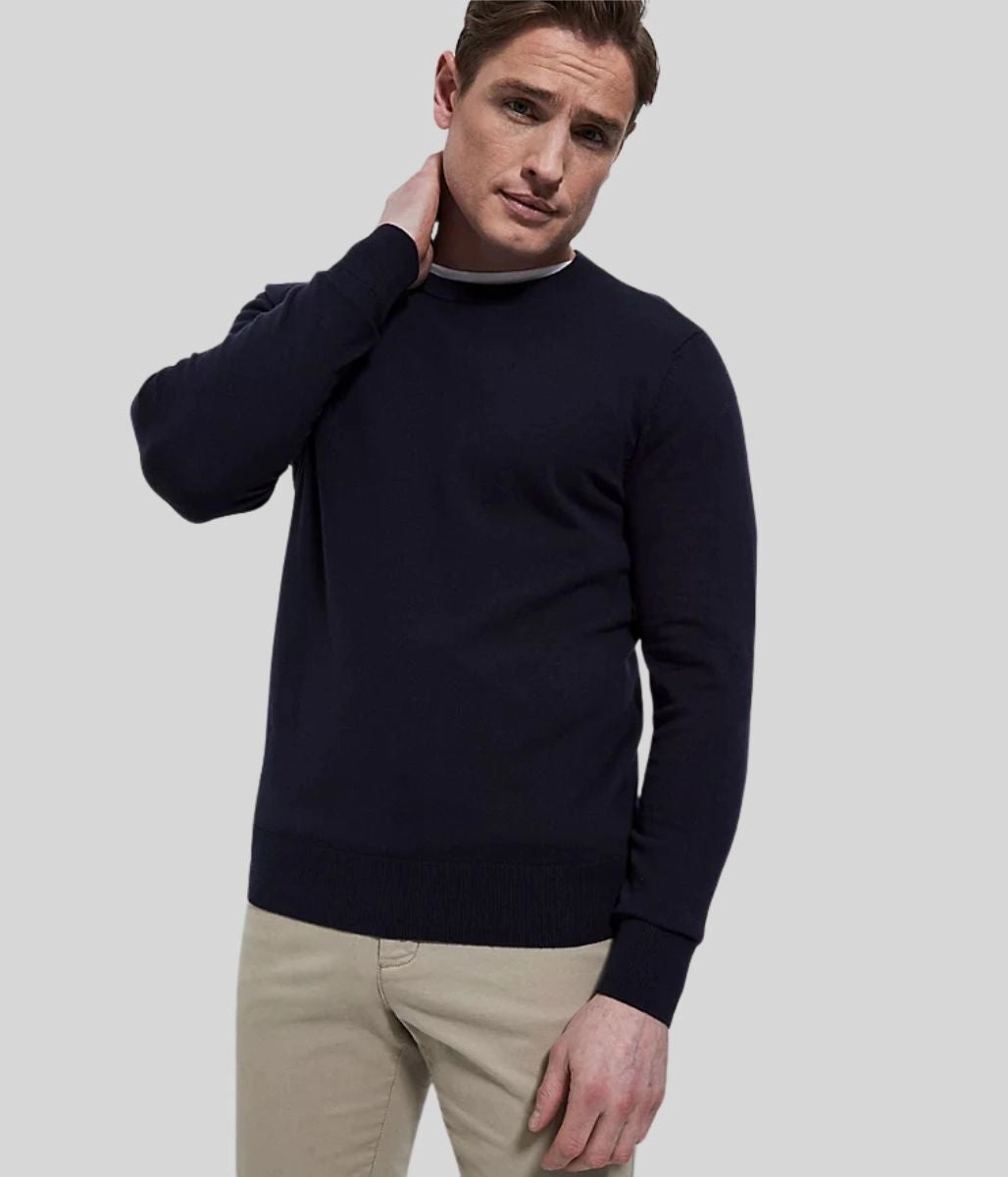 Navy Mens Wool & Cashmere Blend Crew Neck Jumper Wrinkle Resistant Textile