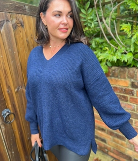 Fashion Essential Cozy Vibes Navy Ribbed V Neck Jumper
