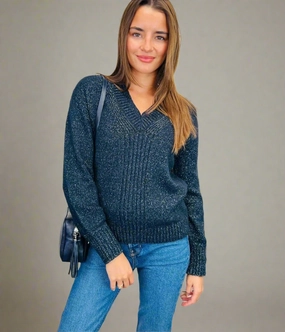Knit Style Soft Knit Piece Navy Sparkle V Neck Jumper