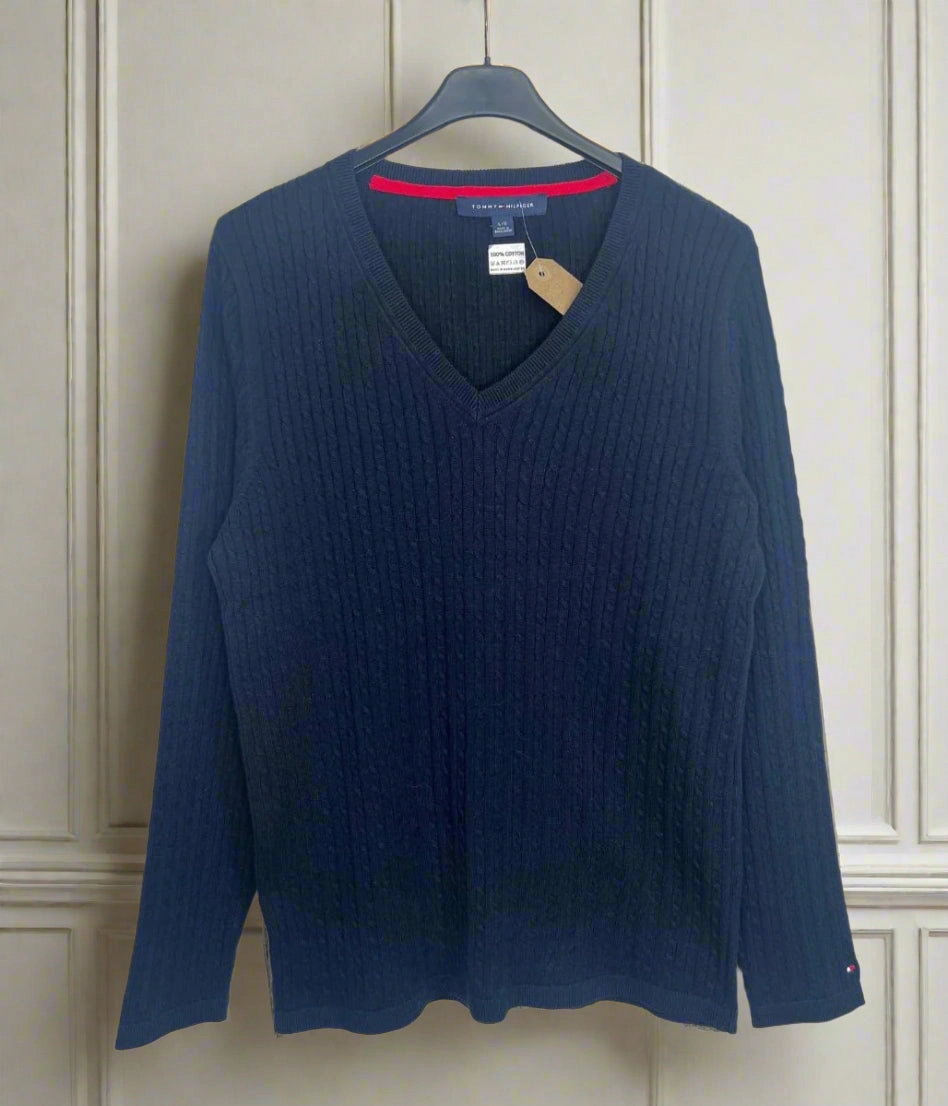 Navy V Neck Cable Twist Jumper Warm Knitwear Cozy Essentials