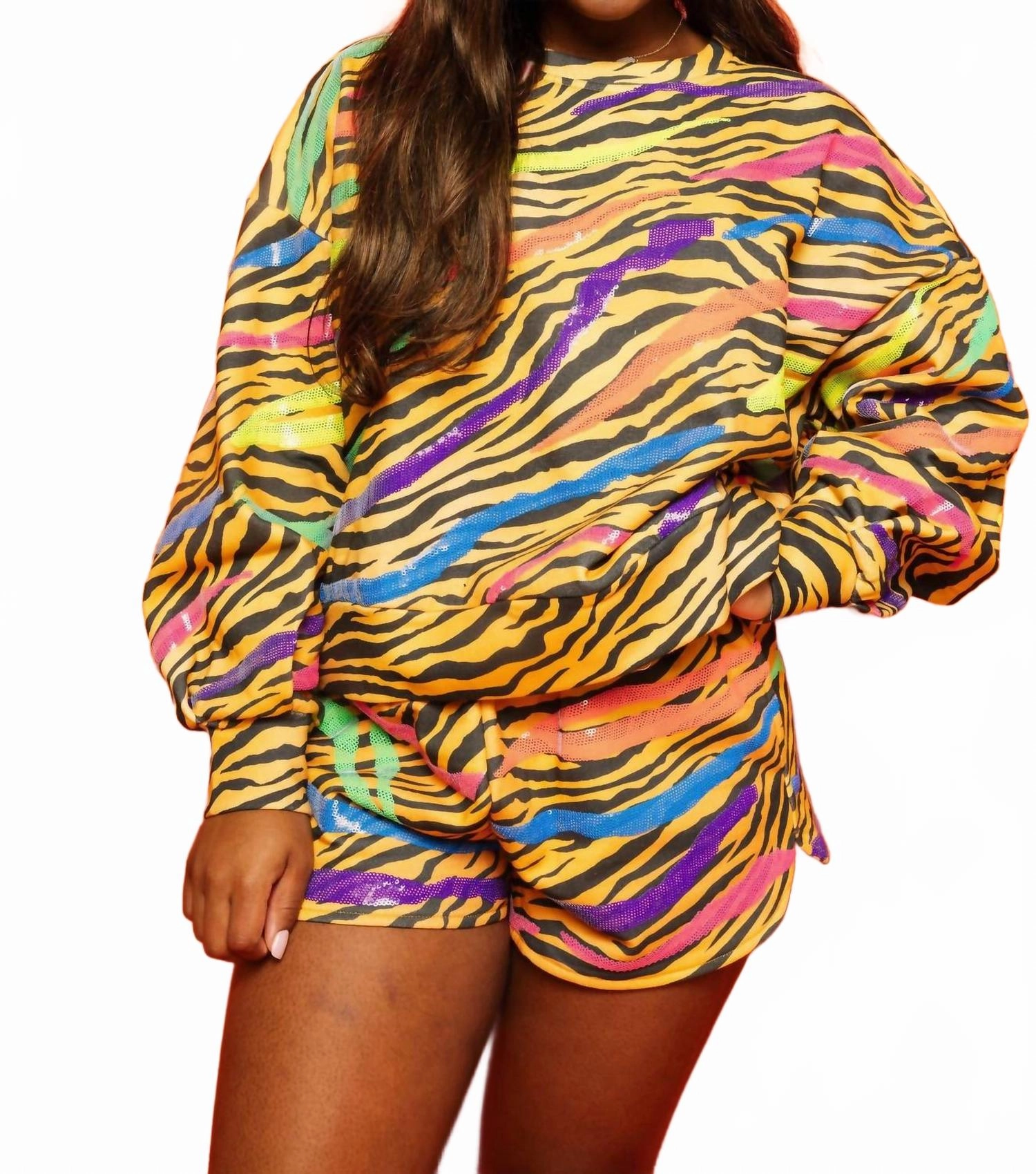Ergonomic Pattern Cutting Neon & Tiger Print Short In Multicolor