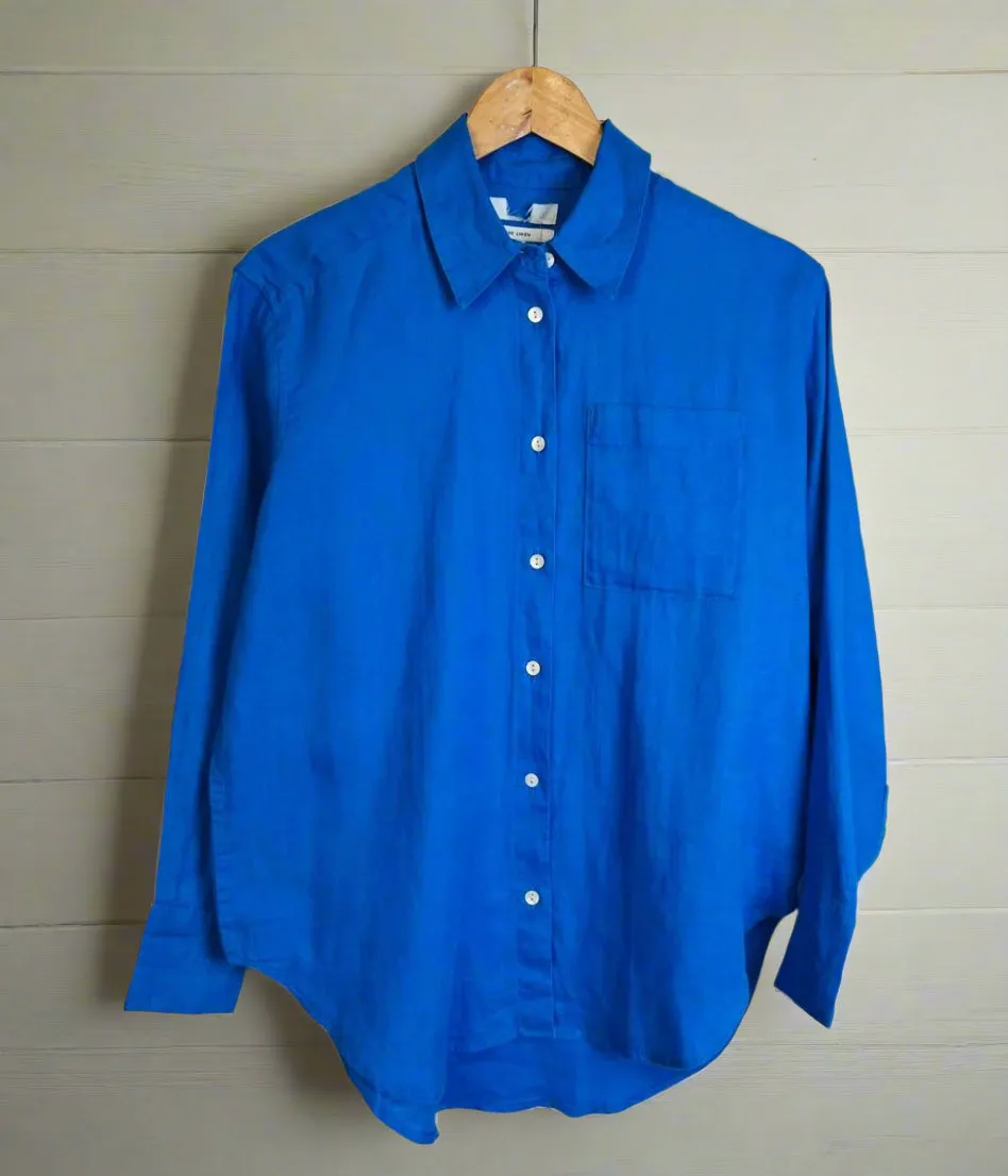 Reflective Trim Wrinkle Resistant Blue Pure Linen Relaxed Shirt