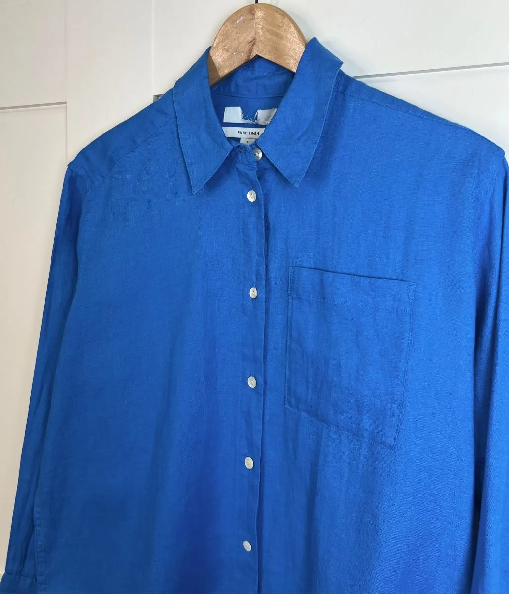 Blue Pure Linen Relaxed Shirt Self Fabric Tie Closure