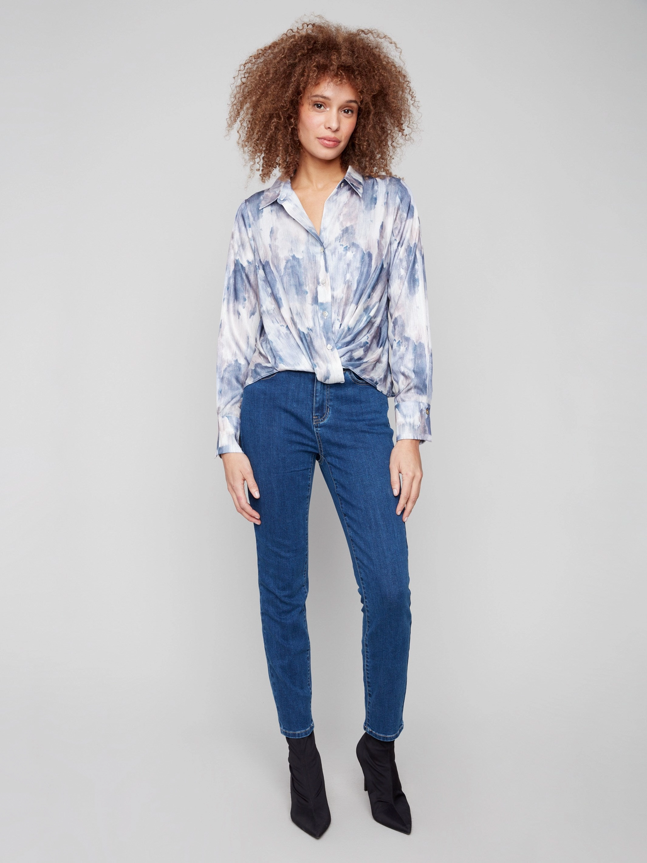 Distressed finish Printed Button-Down Shirt With Twisted Front - Pearly