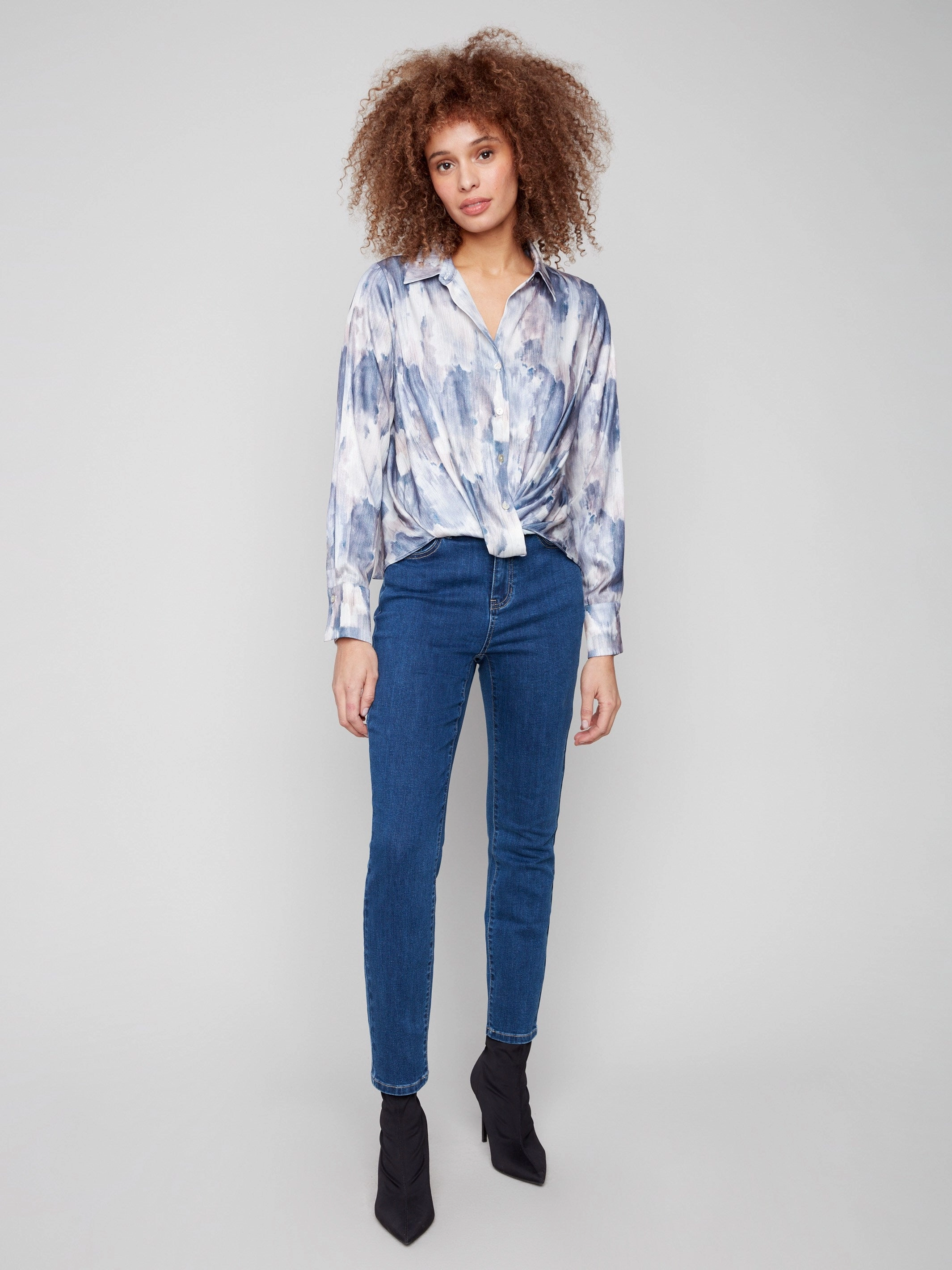 Printed Button-Down Shirt With Twisted Front - Pearly Contrast Stitch