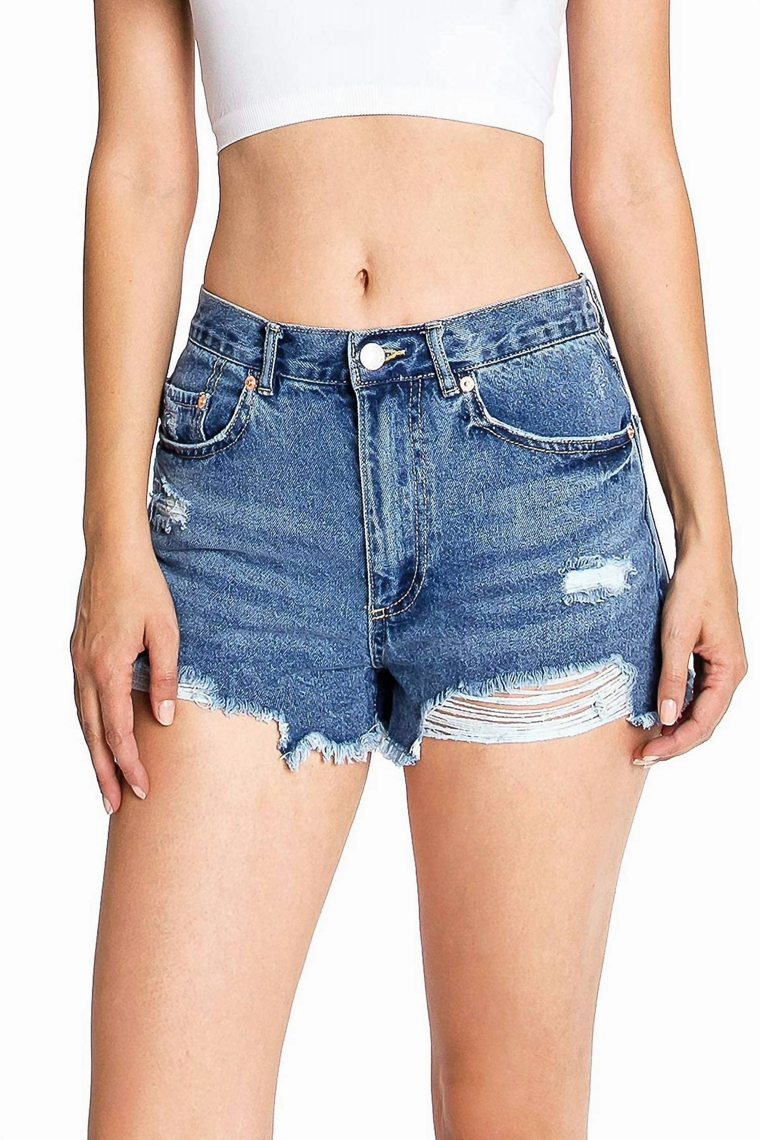 High-Key Distressed Denim Shorts In Blue plain shorts Temperature Regulating Material