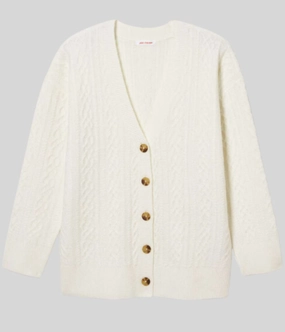 White Cable Knit Cardigan Comfy Waistband