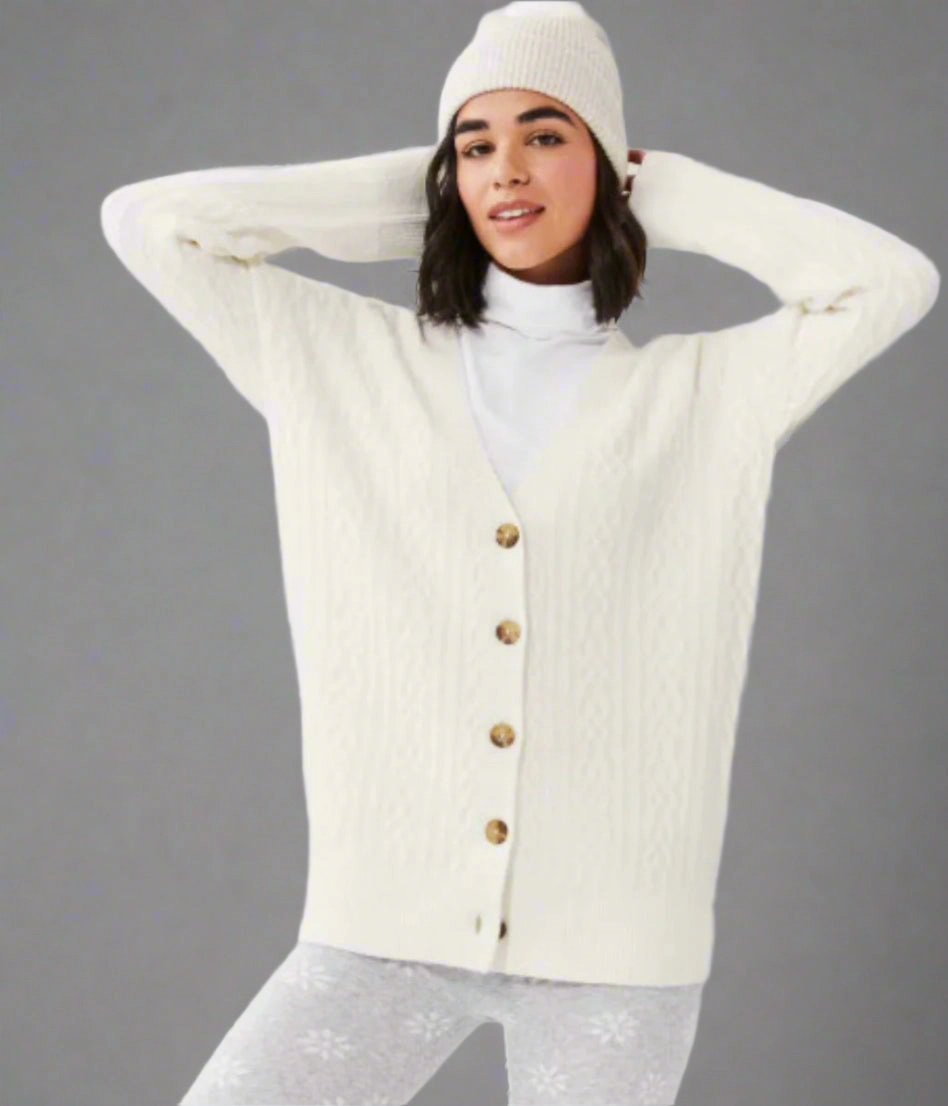 White Cable Knit Cardigan Garment Dyed Finish Low Impact Production