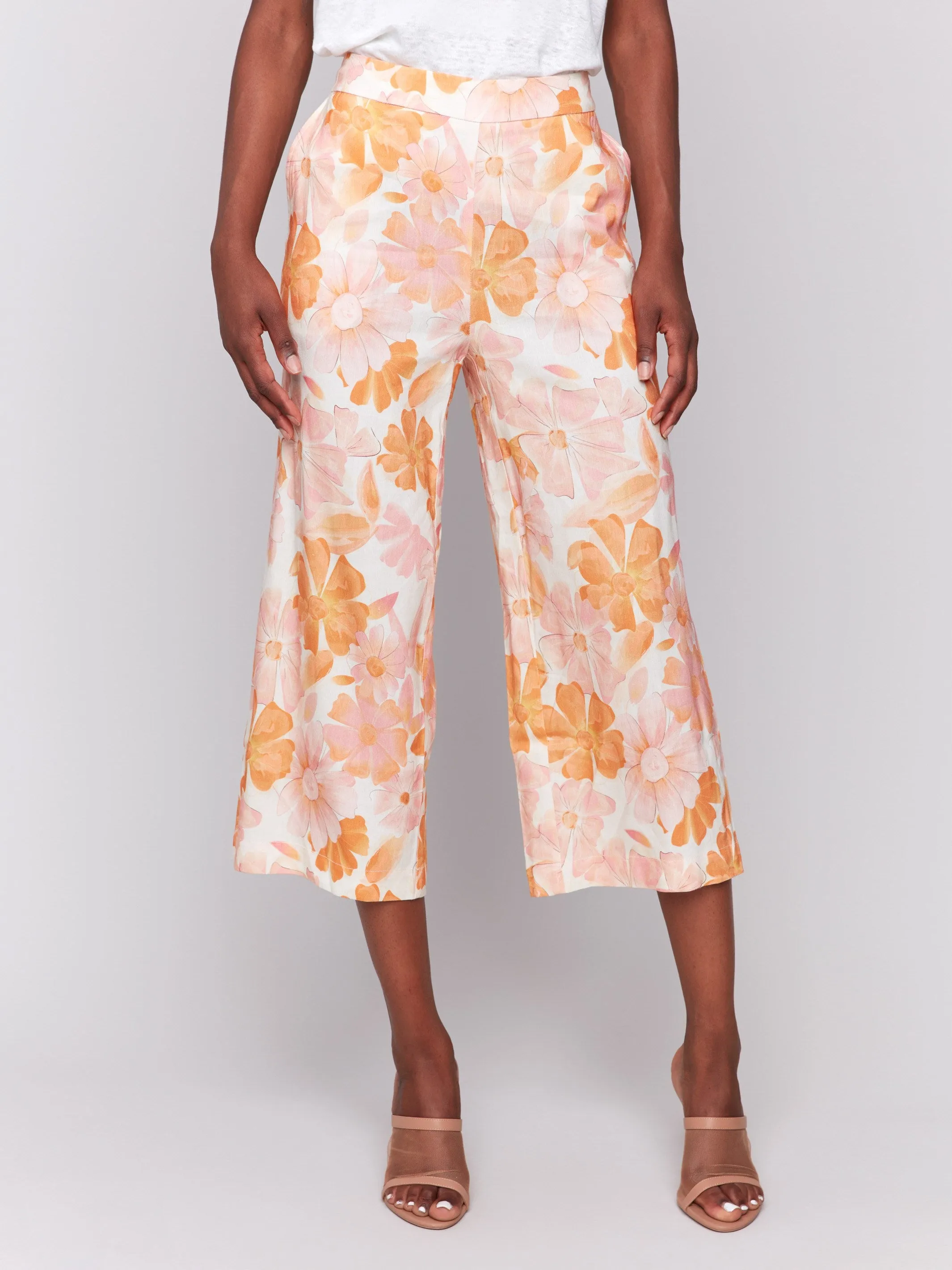 Printed Linen Blend Cropped Pull-On Pants - Blooming Mesh Lined