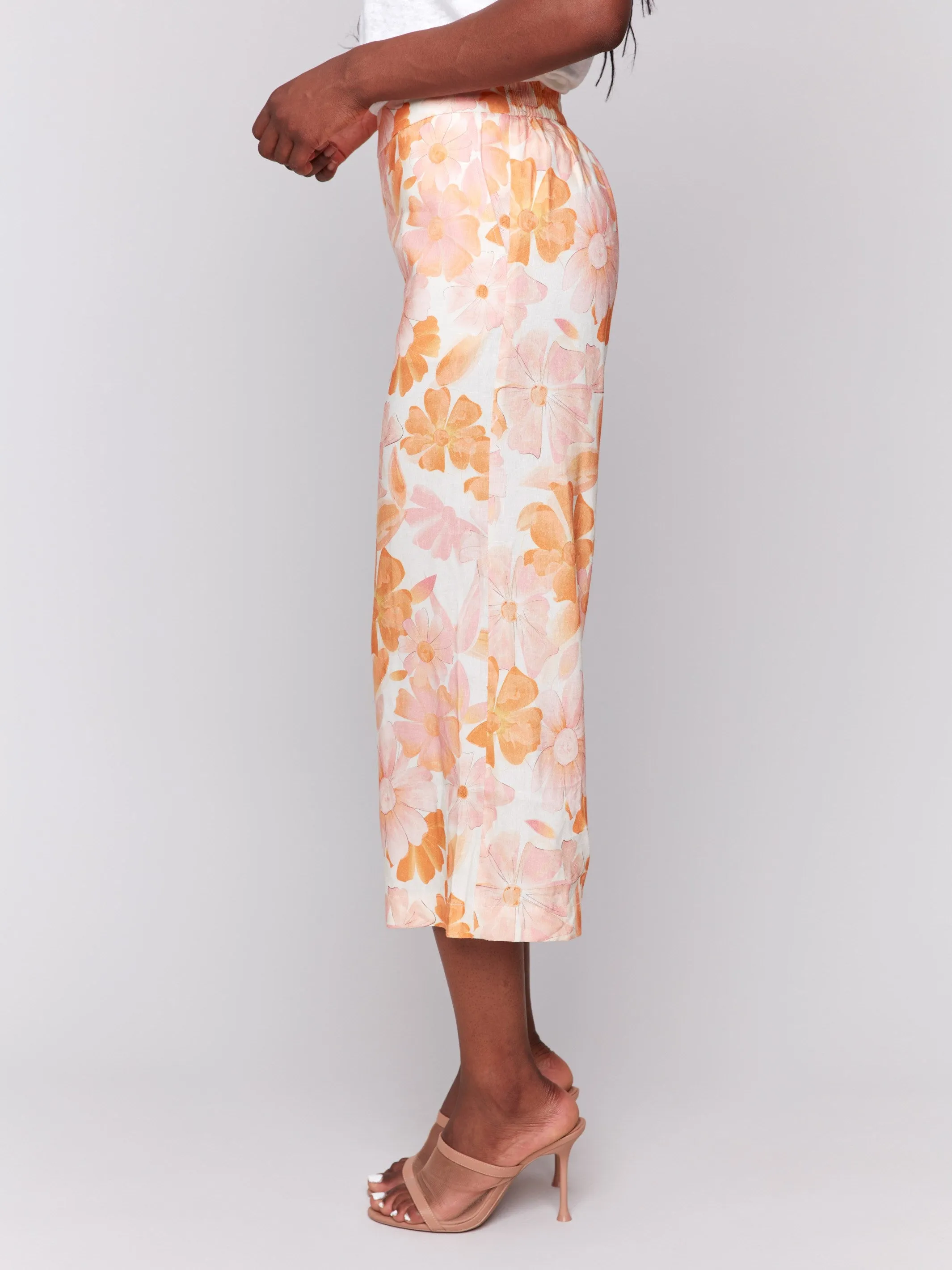 Printed Linen Blend Cropped Pull-On Pants - Blooming Functional Stretch