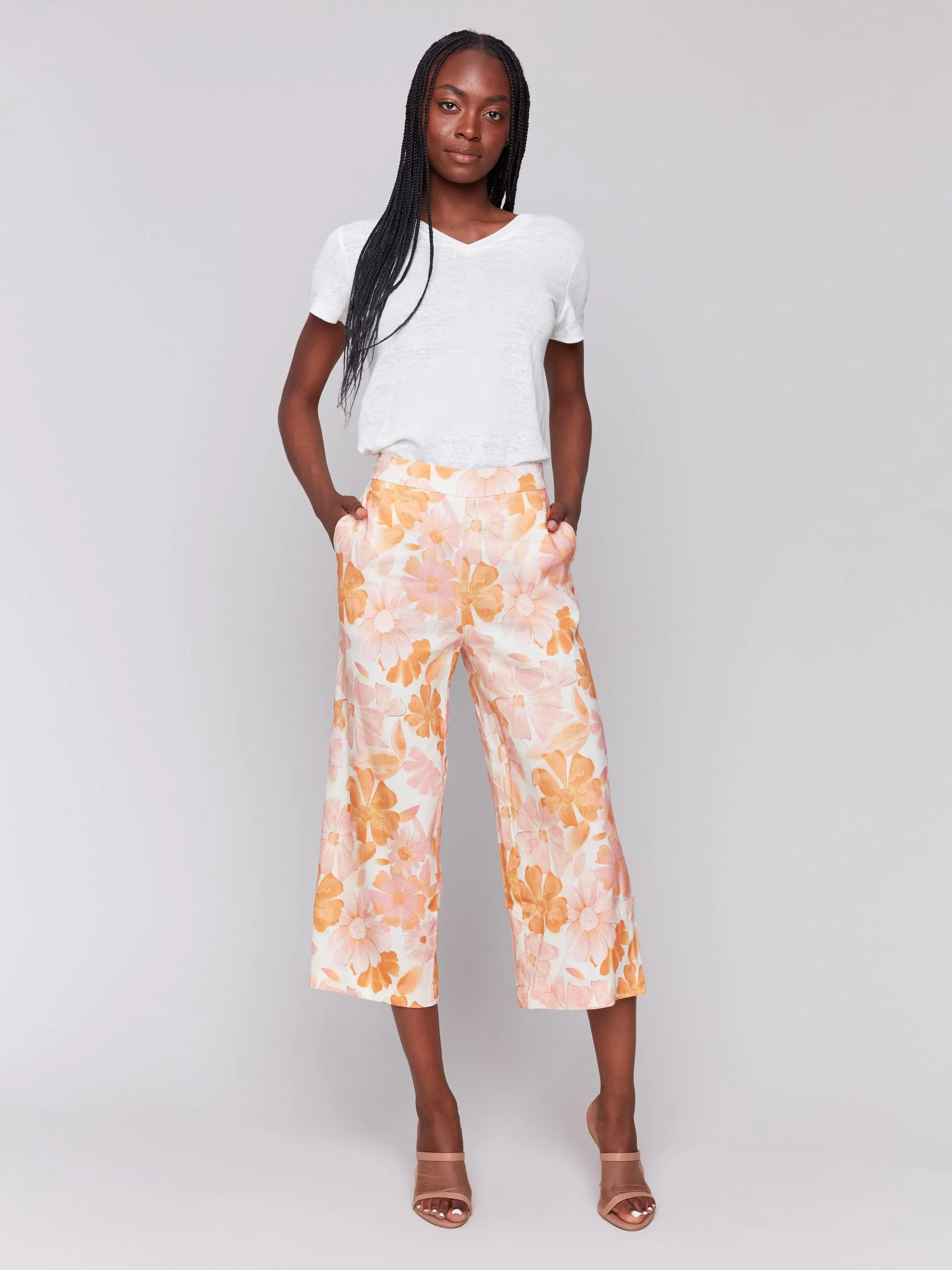 Solid shade Printed Linen Blend Cropped Pull-On Pants - Blooming