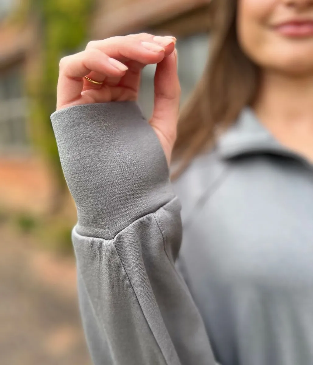 Grey Casual Luxe Full Zip Jacket Layered Hem Reinforcement