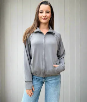 Stretch Knit Fabric Fashionable Look Grey Casual Luxe Full Zip Jacket