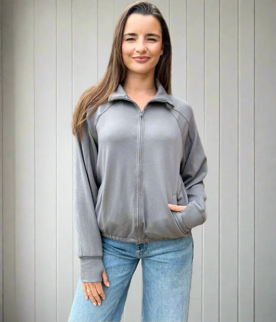 Stretch Knit Fabric Fashionable Look Grey Casual Luxe Full Zip Jacket