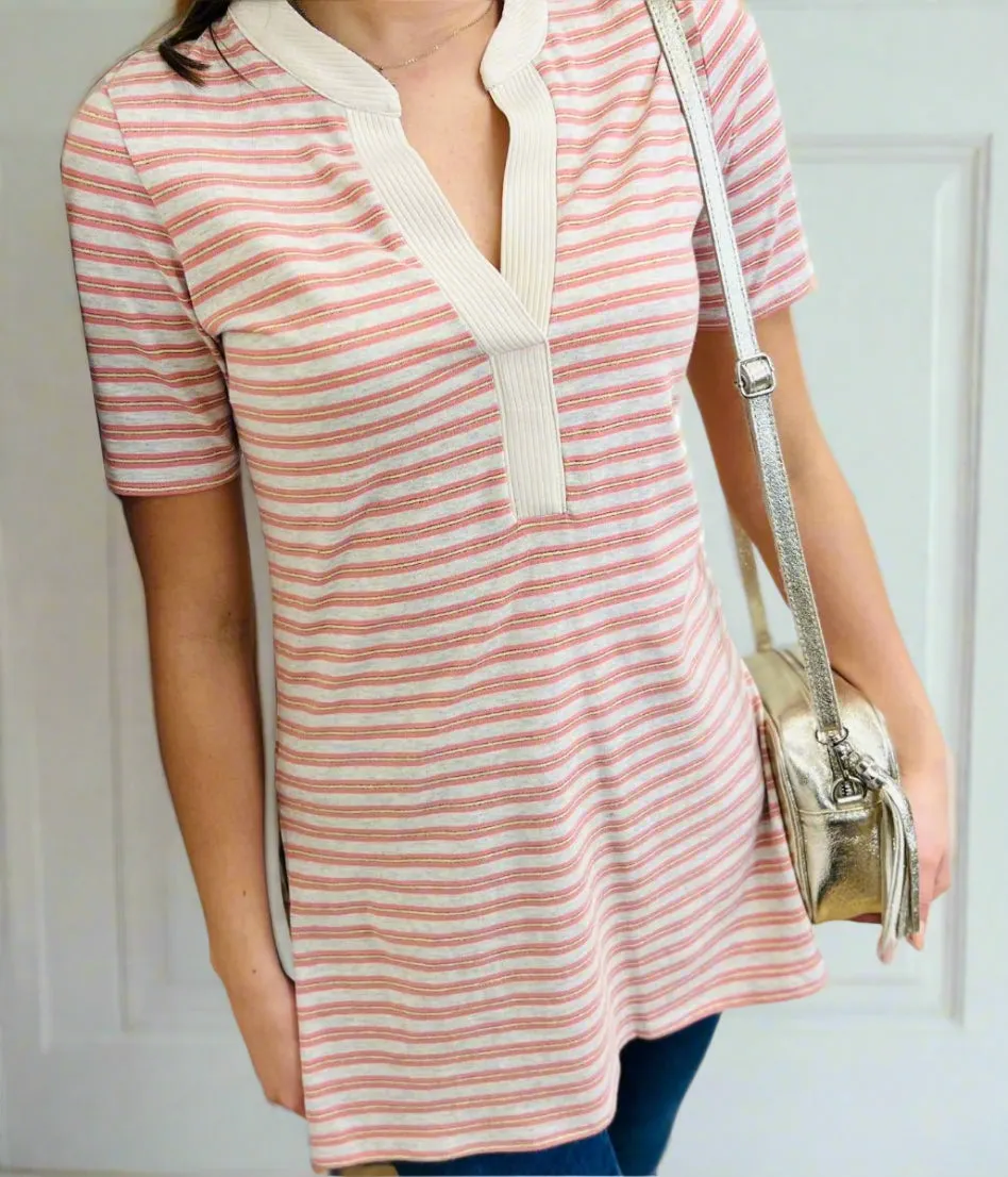 Striped Design Waffle Weave Oatmeal Metallic Stripe Tunic Top