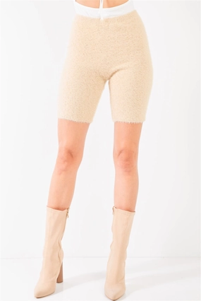 Oatmeal Beige Knit High Waist Stretchy Warm Fuzzy Biker Shorts Reflective Safety Details AntiOdorTreatment