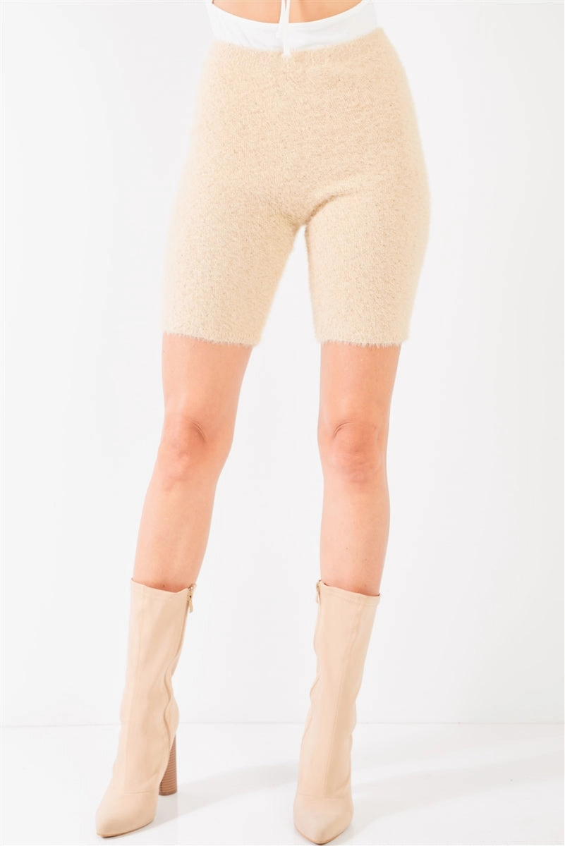 Oatmeal Beige Knit High Waist Stretchy Warm Fuzzy Biker Shorts Reflective Safety Details AntiOdorTreatment
