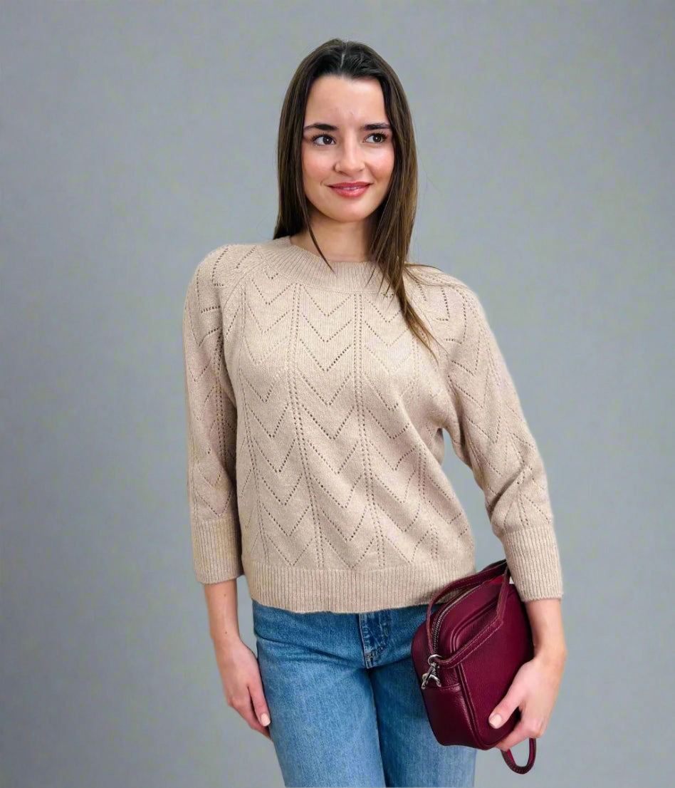 Oatmeal Pointelle Crew Neck Jumper Light Flex Fit Warm Comfort