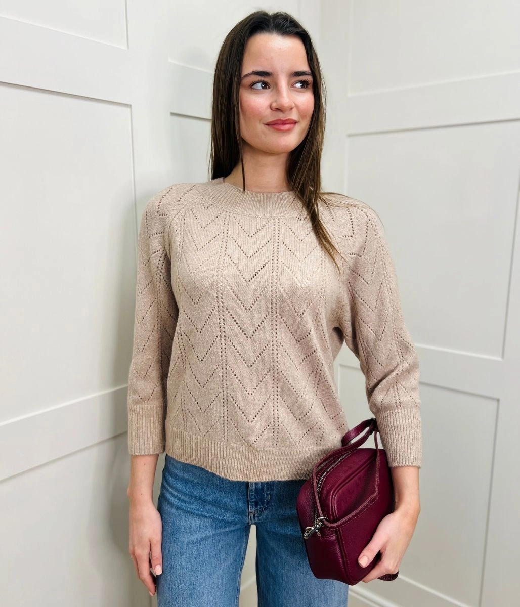 Oatmeal Pointelle Crew Neck Jumper Winter Ready Layer Tagless Labeling