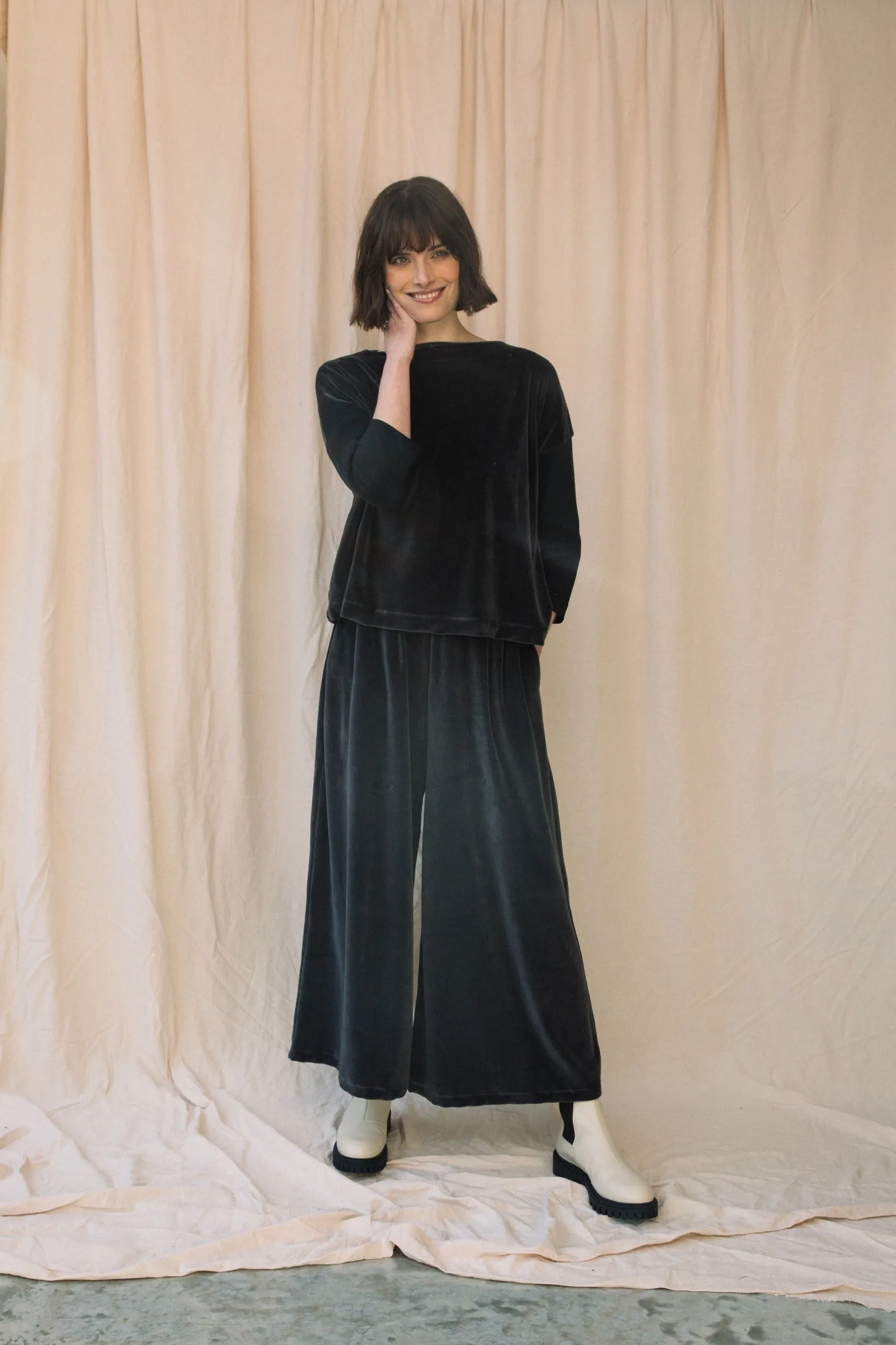 Odette Organic Cotton Velour Trouser in Charcoal Fashion Comfort Wear Ultra Soft