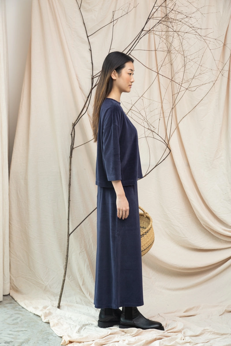 Odette Organic Cotton Velour Trousers in Night Sky Navy RecyclablePackaging