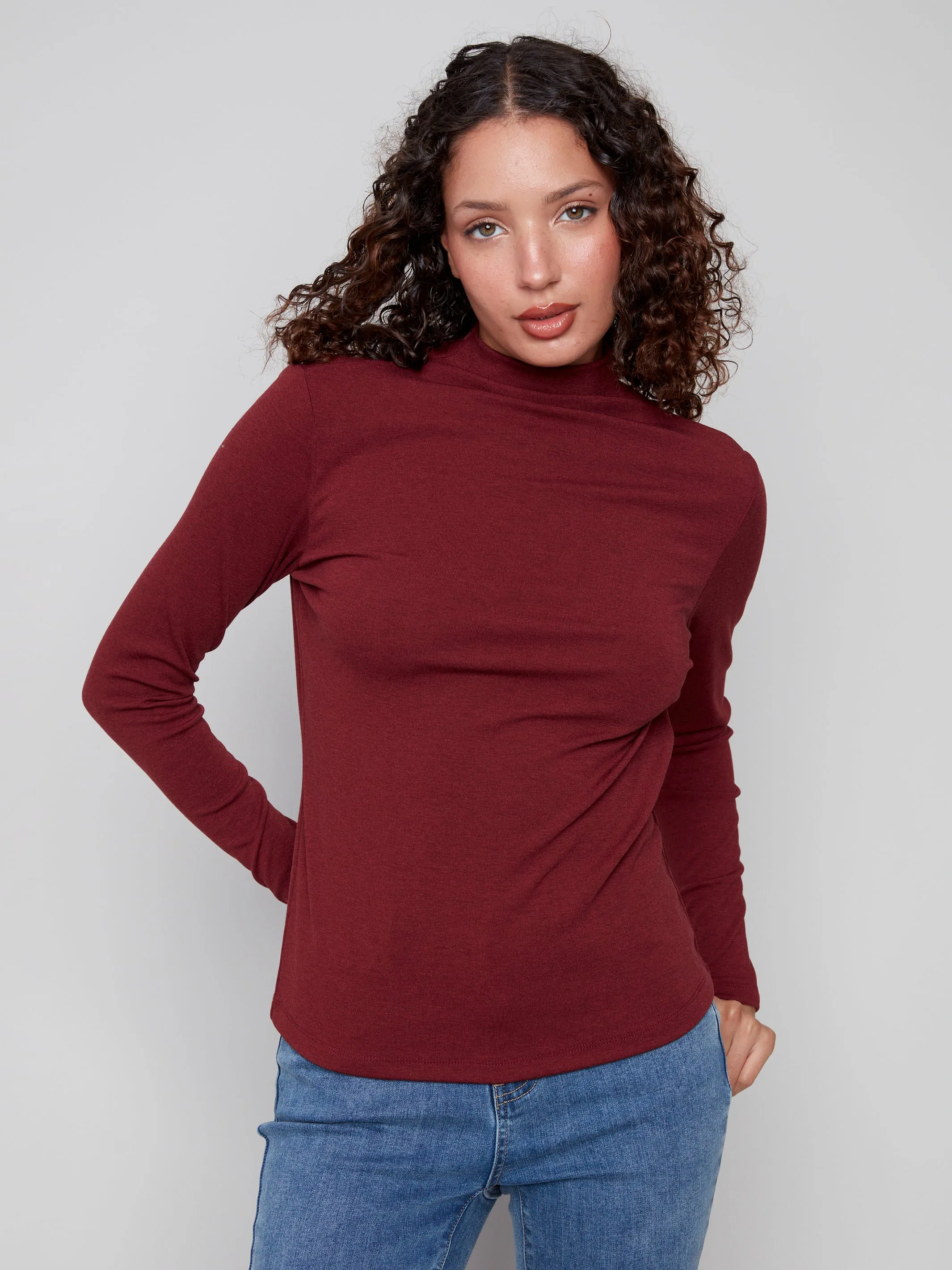 stain resistant coating Everyday Fashion Long Sleeve Mock Neck Top - Cabernet