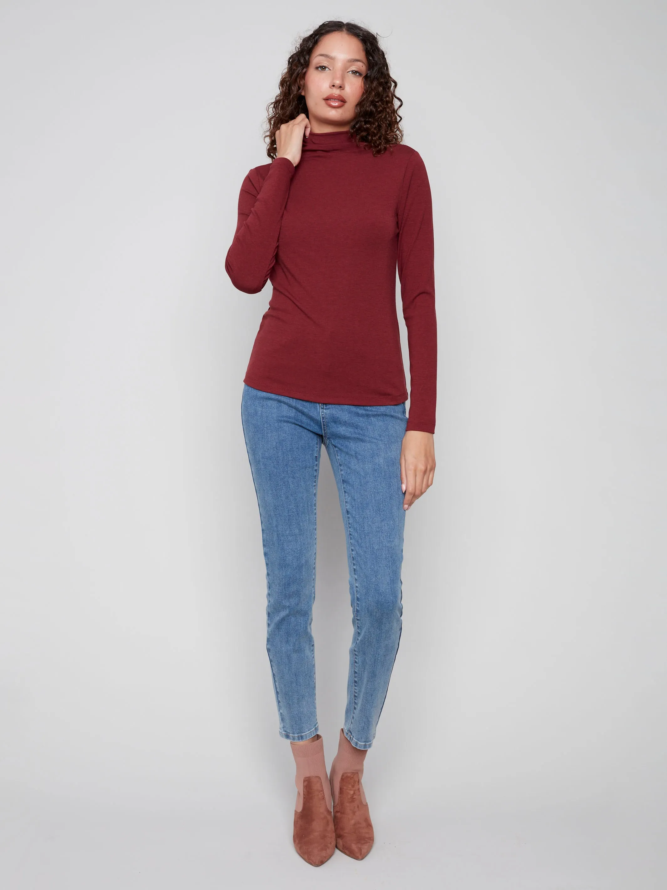 Long Sleeve Mock Neck Top - Cabernet ButterSoft Handfeel OdorResistantTreatment