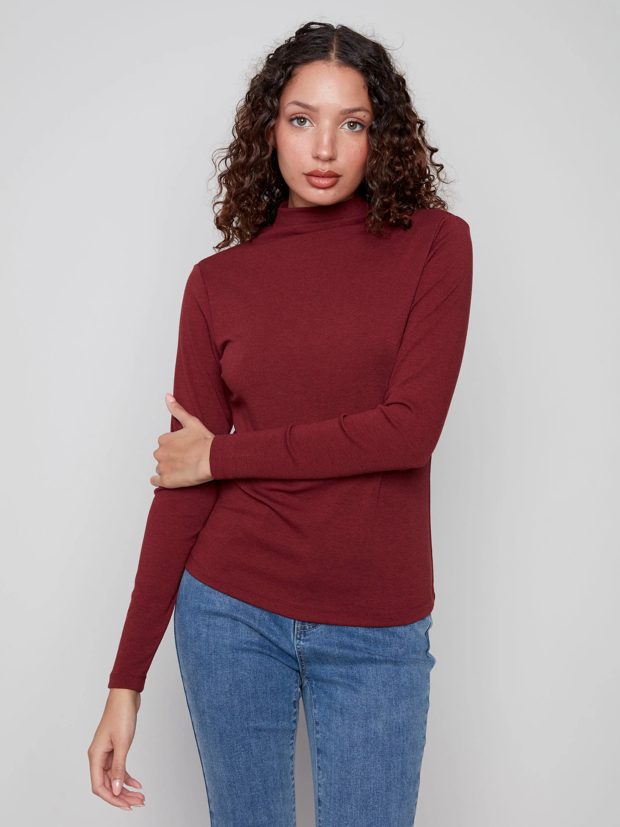 Long Sleeve Mock Neck Top - Cabernet Eco Conscious Dye Process