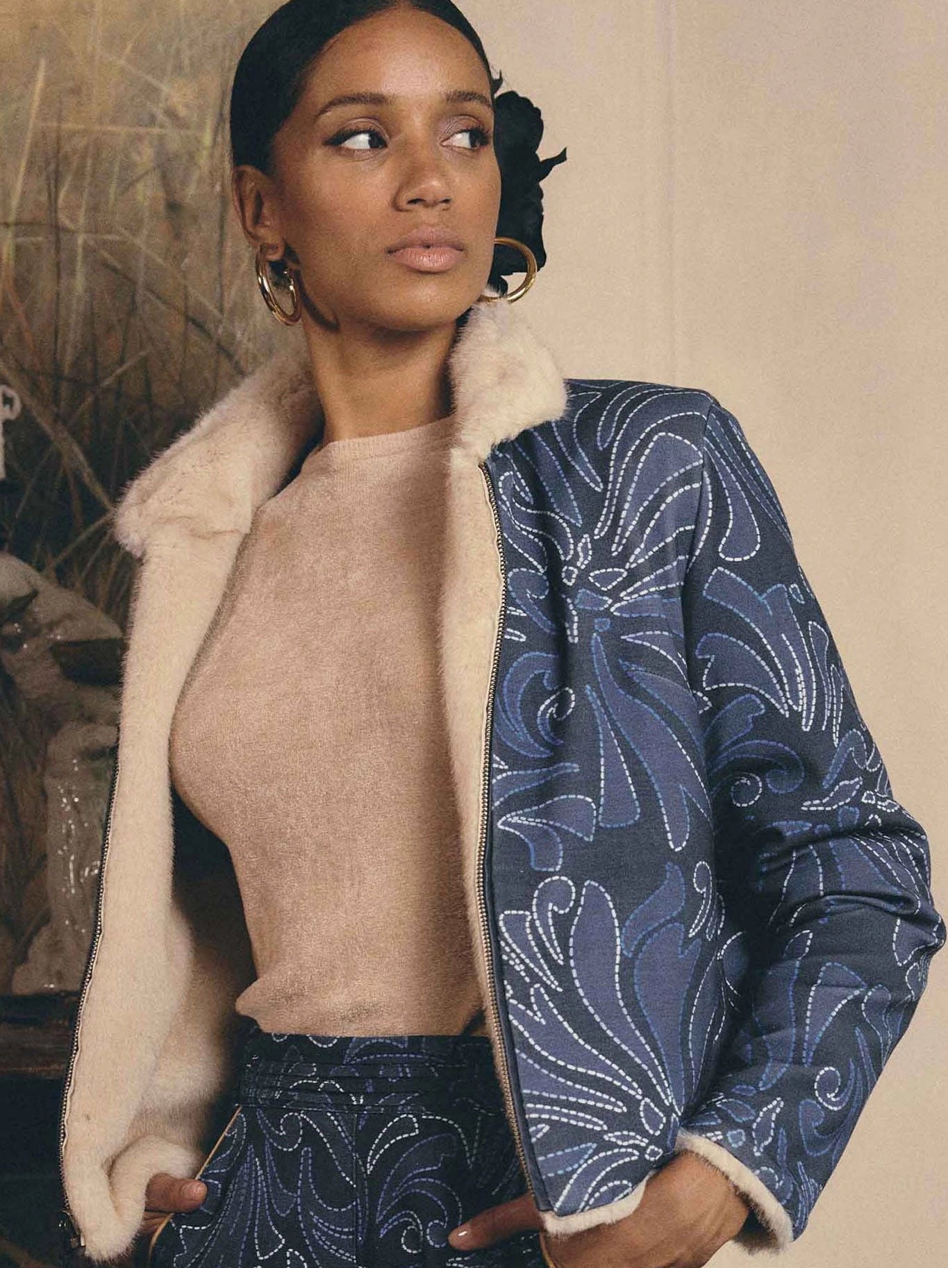 ONCE WAS RYLIE REVERSIBLE FAUX FUR JACKET RibbedKnitCollar