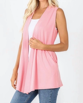 Open-Front Sleeveless Cardigan In Pink Warm Layer Modern Knit