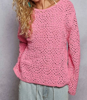 Fashion Knit Open Knit Crochet Sweater In Pink