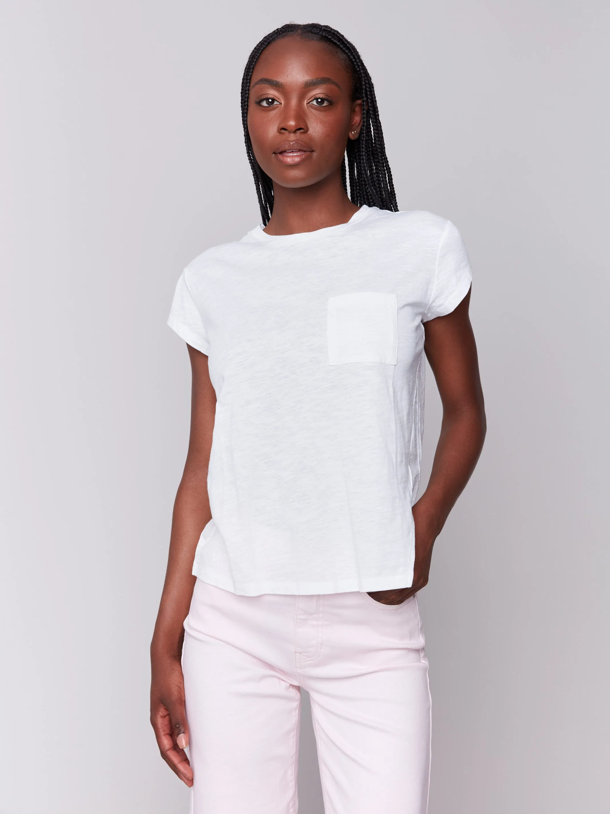 Organic Cotton Cap Sleeve T-Shirt with Slit Detail - White LowImpact Manufacturing FourWay Stretch