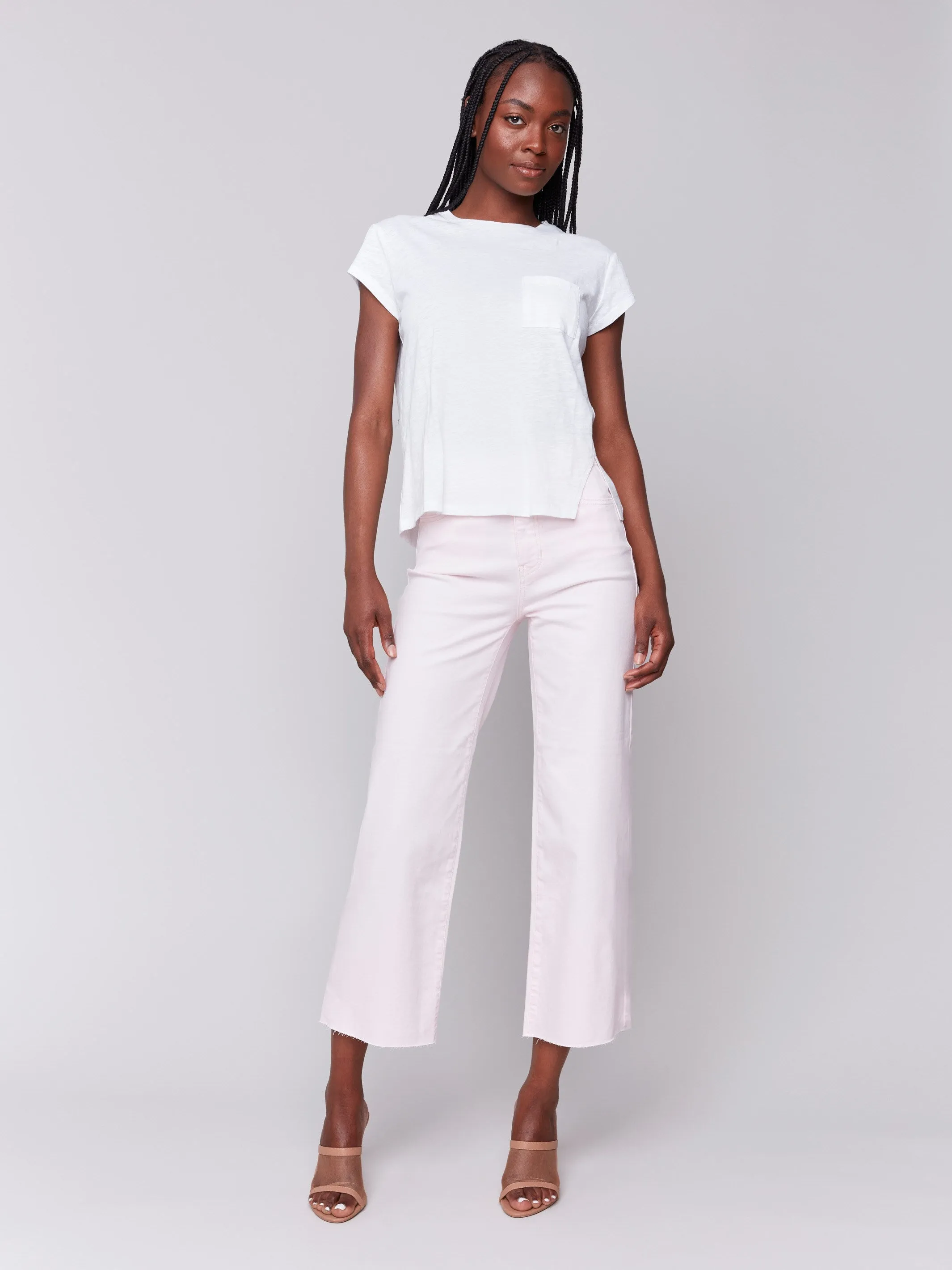 Organic Cotton Cap Sleeve T-Shirt with Slit Detail - White Tencel Cotton Hybrid Weave