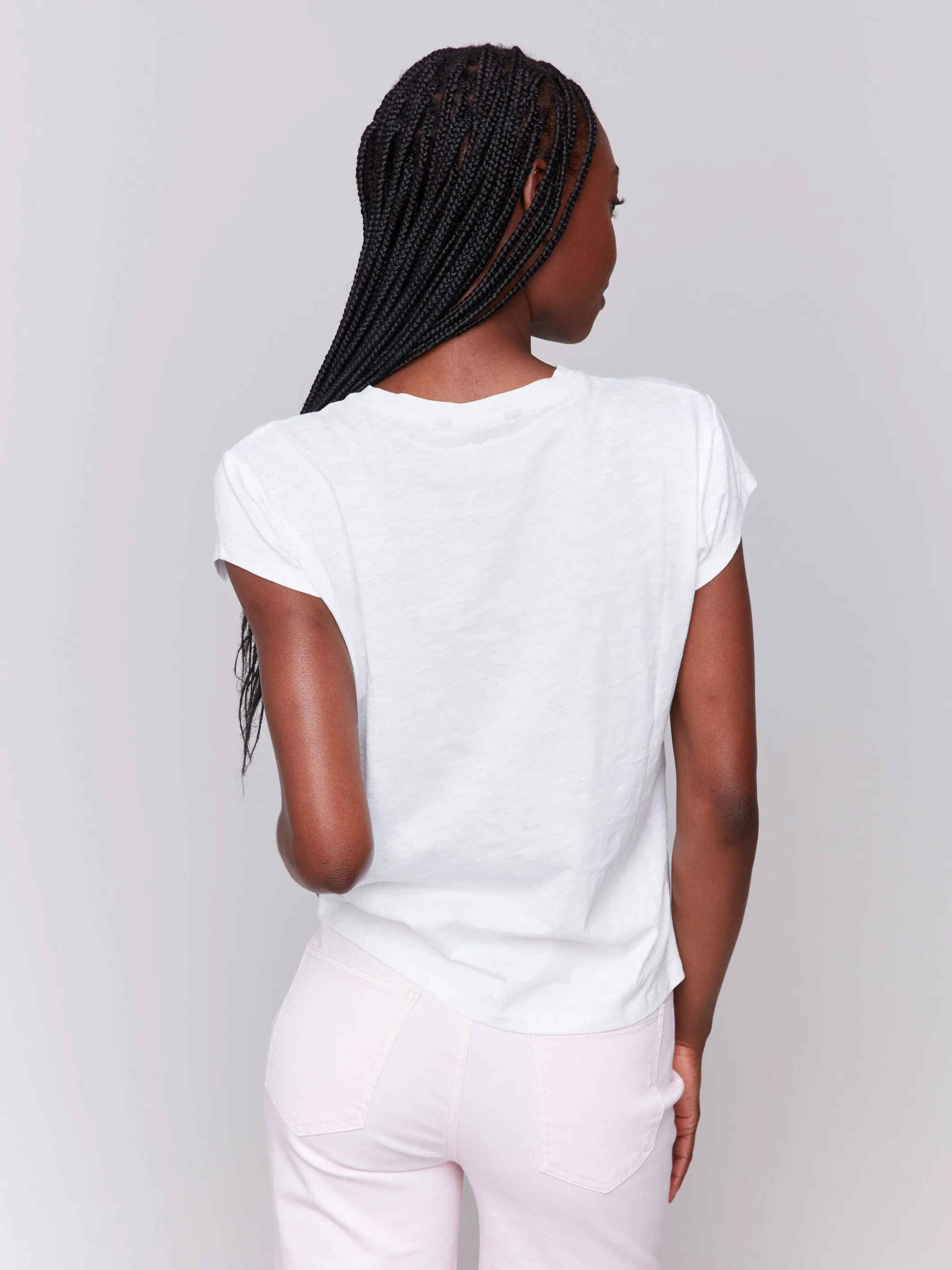 Organic Cotton Cap Sleeve T-Shirt with Slit Detail - White Low Profile Zipper Minimalist Cuff