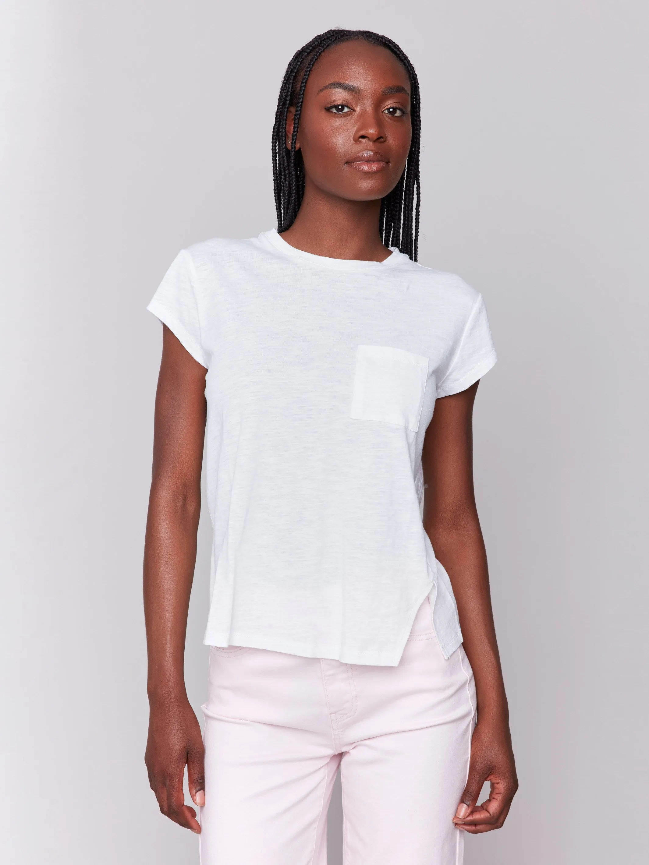 Hygroscopic Inner Layer Zero Waste Production Label Organic Cotton Cap Sleeve T-Shirt with Slit Detail - White