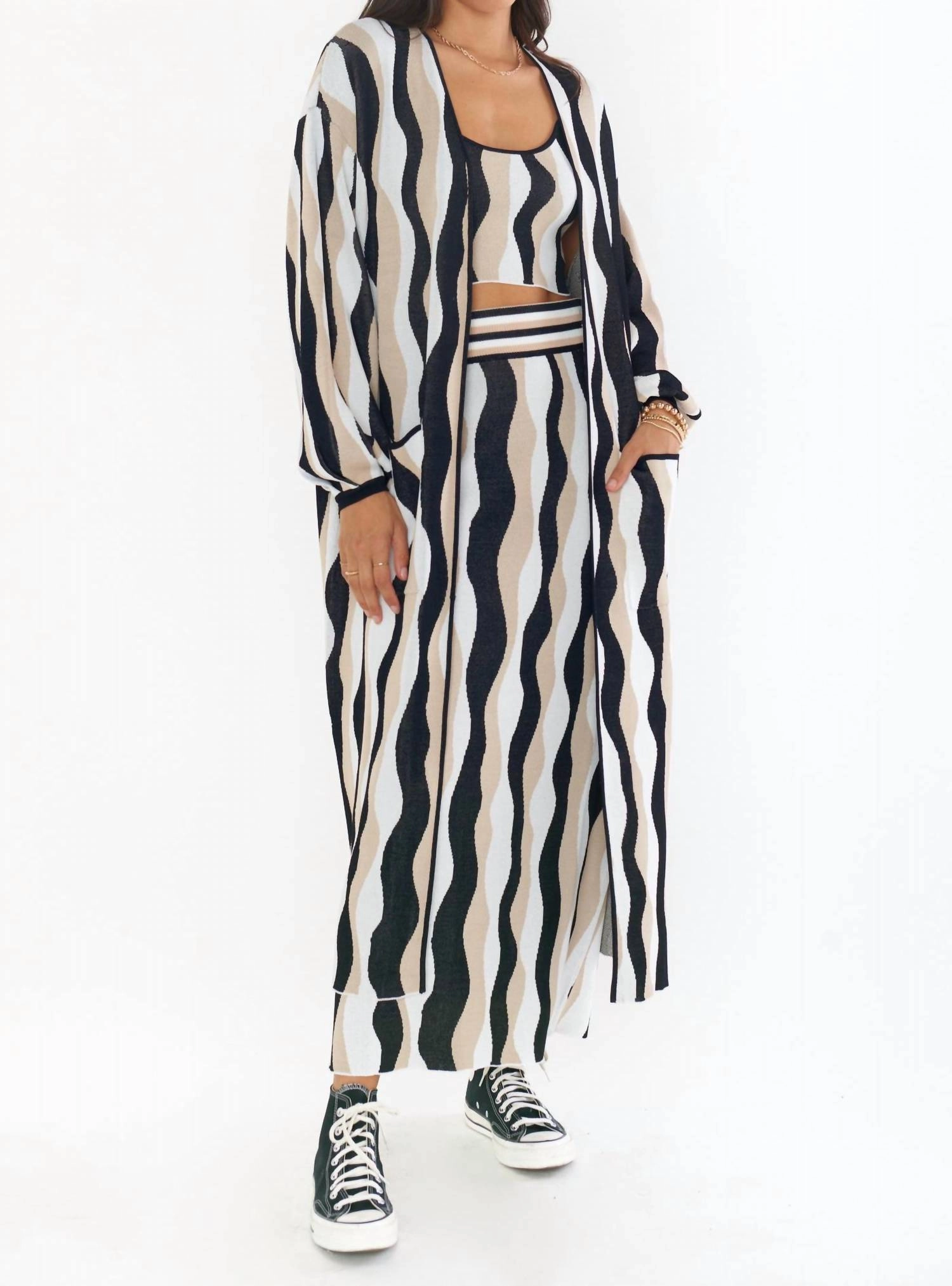 Fashionable Layer Warm Comfort Out And About Cardi In Squiggle Stripe Knit