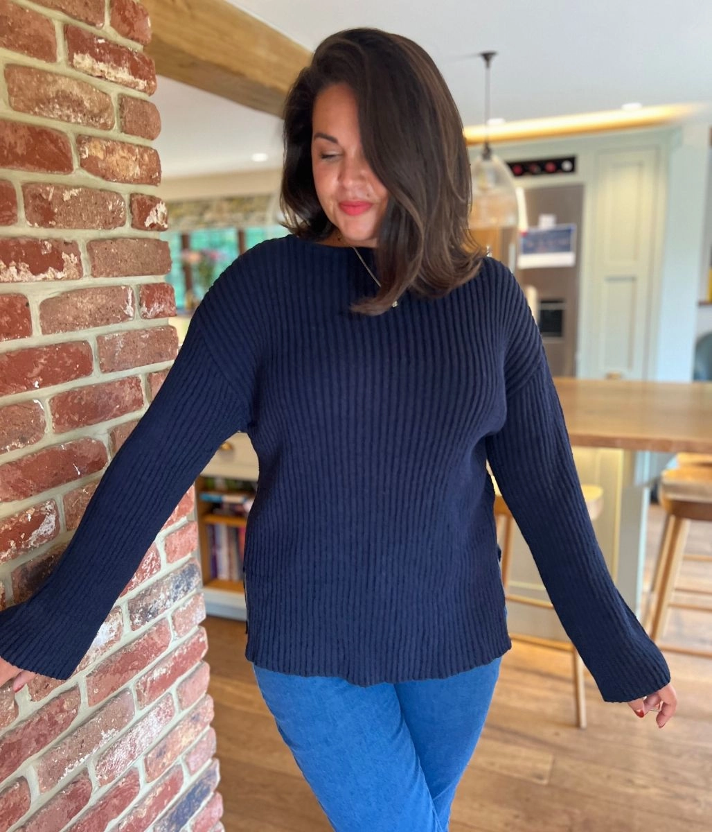 Cozy and Soft Navy Ribbed Boat Neck Jumper
