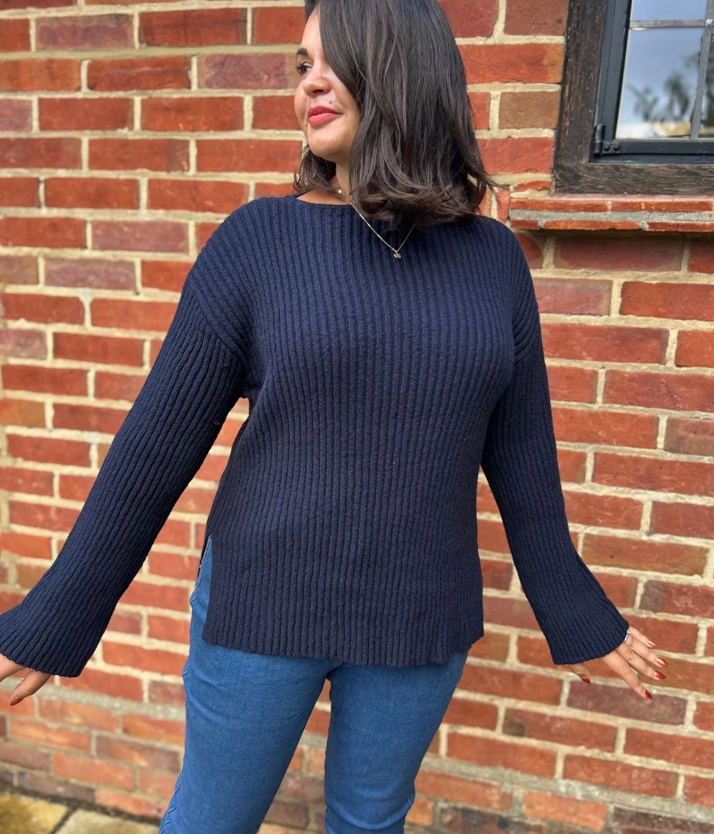Navy Ribbed Boat Neck Jumper High Twist Yarn Structure Chic Layering