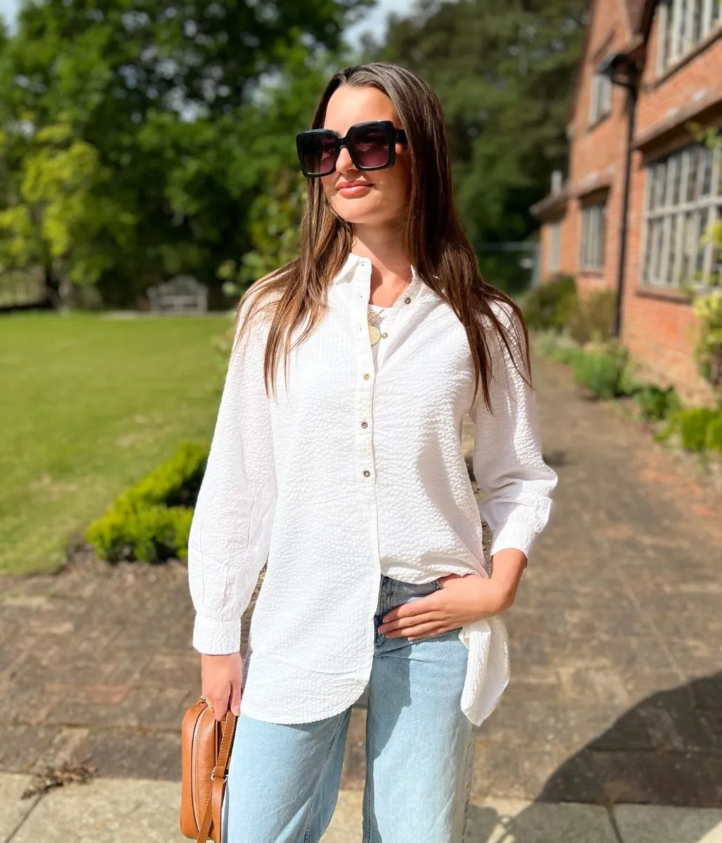 Subtle patterns Versatile Outfit White 'Violet' Longline Tunic Style Shirt