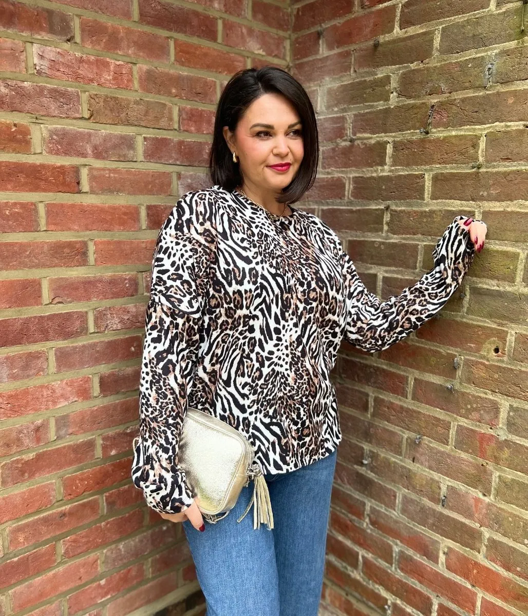 SweatWicking Fabric Layered Collar System Oversized Leopard Print Batwing Top