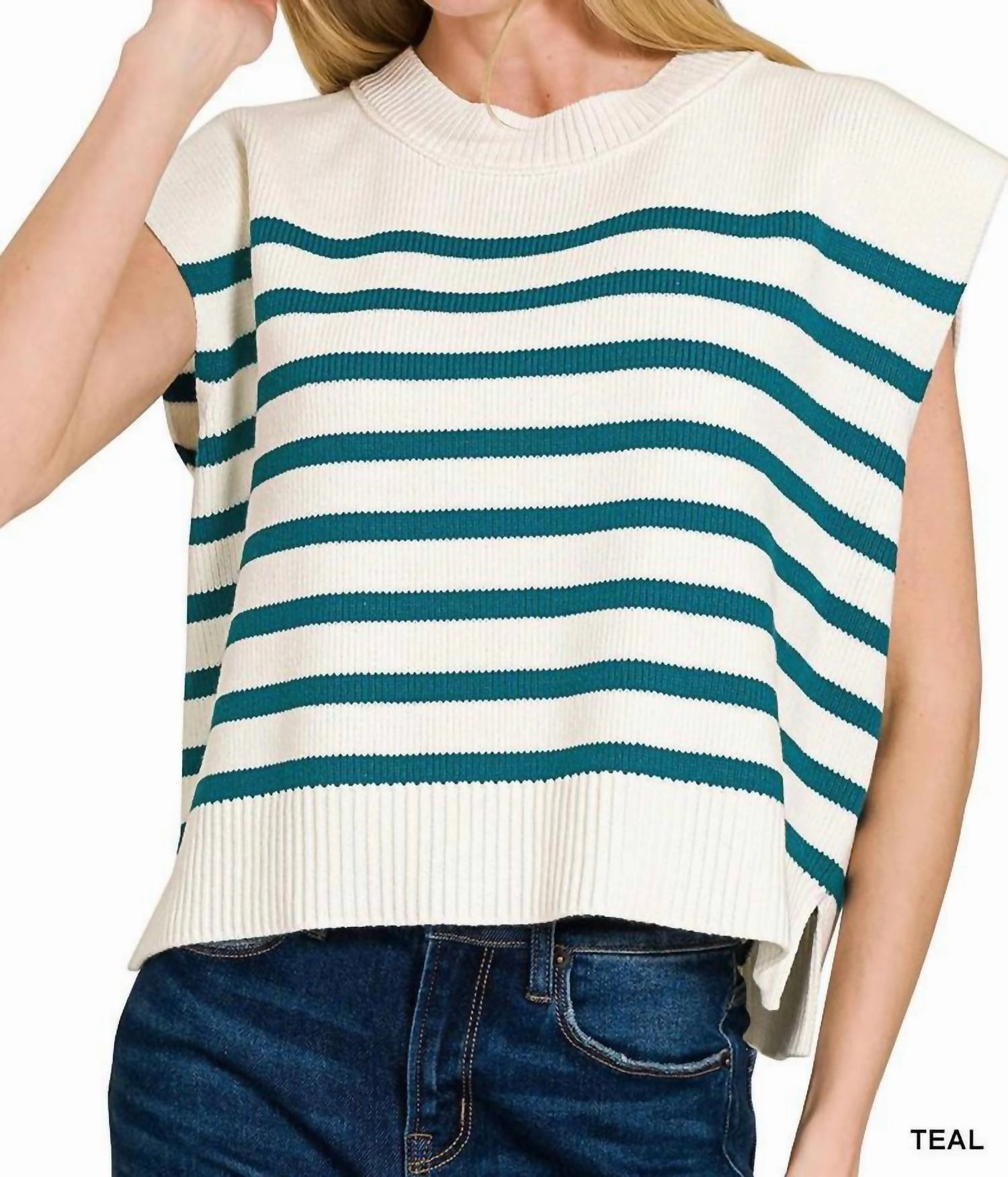 Chilly Comfort Look Chilly Ready Oversized Crew Neck Stripe Cap Sleeve Sweater In White/teal