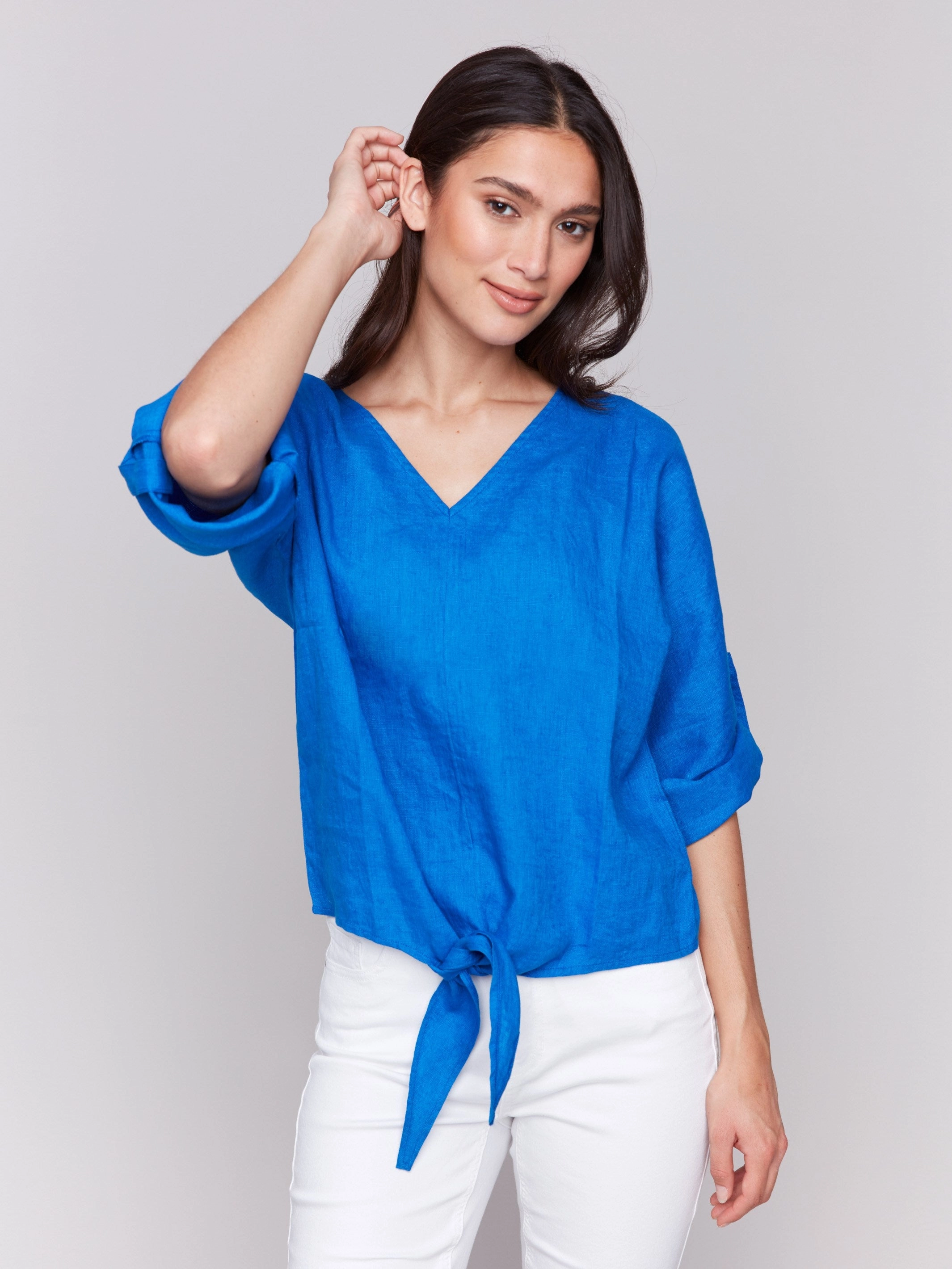 Gradient effect Linen Blend 3/4 Sleeve Top with Front Tie - Coastal
