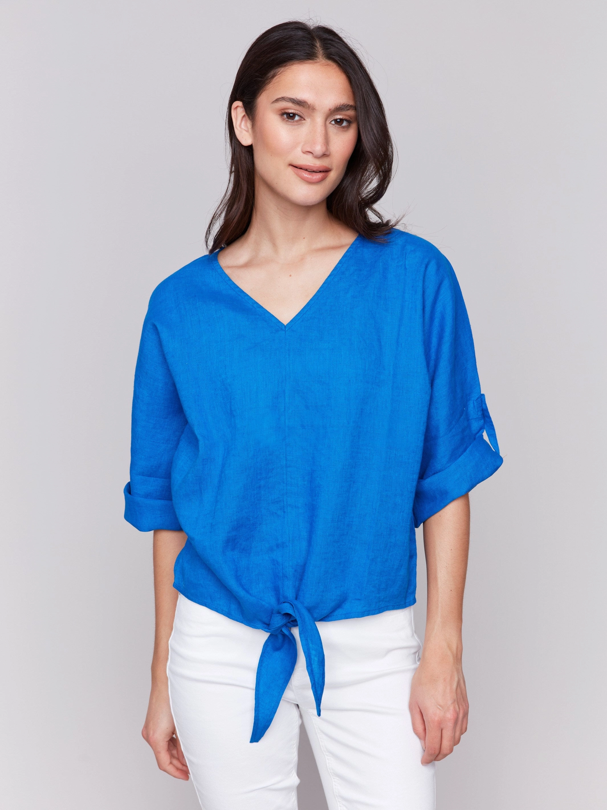 Linen Blend 3/4 Sleeve Top with Front Tie - Coastal Winter Layering Ergonomic Sleeve Cut