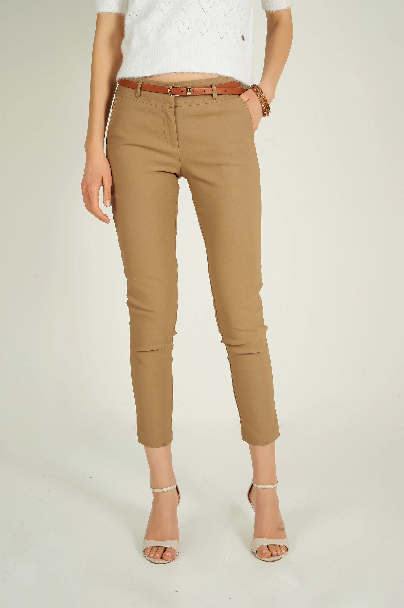 Feminine Cut DurableConstruction Pantalon ?? jambe ??troite avec ceinture - HP9080-Y1 - (E-C1)