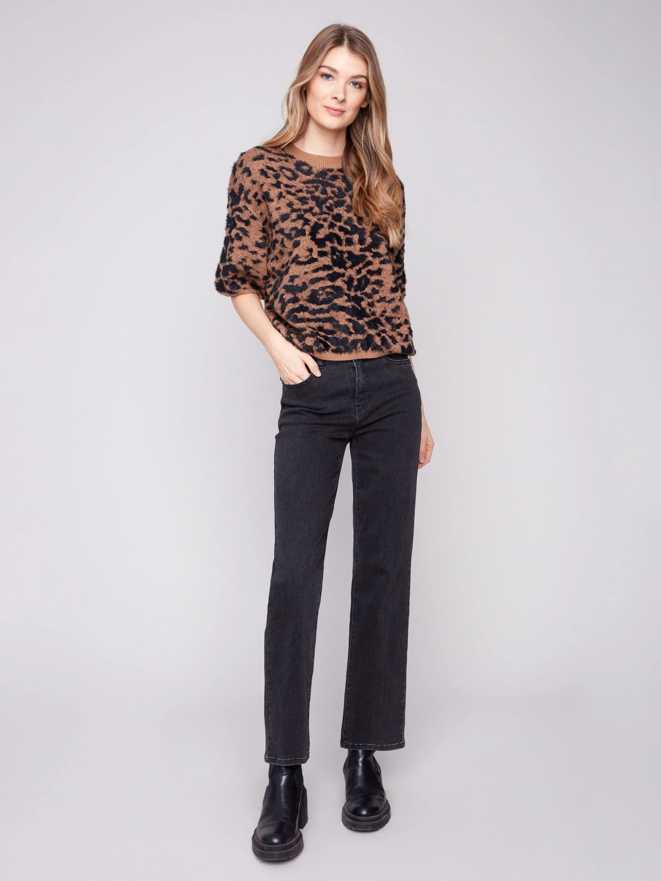 Award-winning Balloon Elbow Sleeve Knit Sweater - Leopard